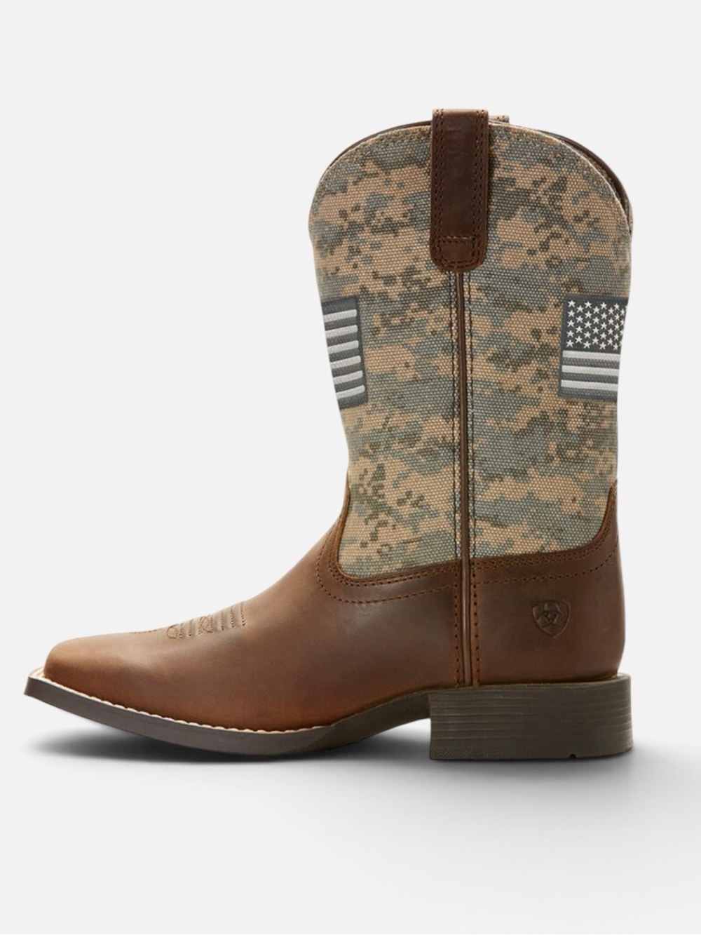 Ariat Kids Patriot Western Boot Distressed Brown / Sage Camo Square Toe Sz 9